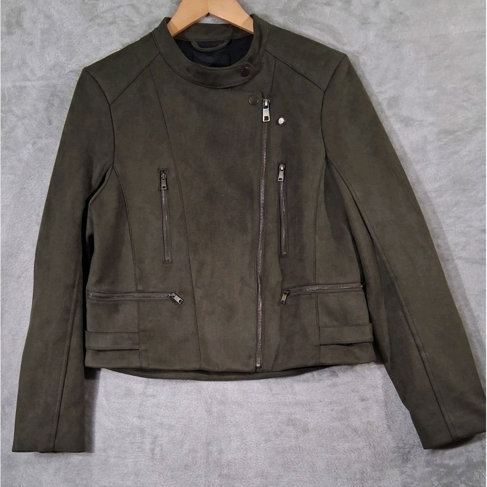 Banana Republic Vegan Suede Moto Jacket Womens L Olive Green Quilted Biker